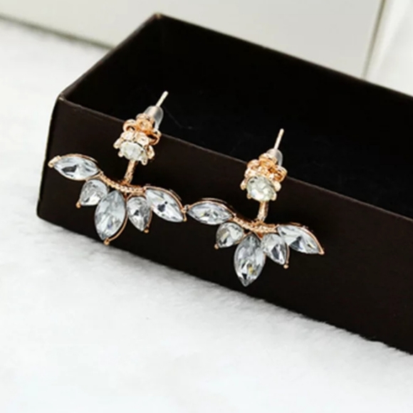 Crystal Flower Stud Earrings Gold Tone Leaf Flower Formal Wedding Prom Jewelry - Picture 6 of 7